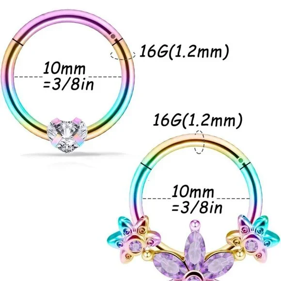 Septum Daith Earrings 16g Stainless Steel Rainbow Rose Gold Piercing Jewelry - Picture 3 of 6